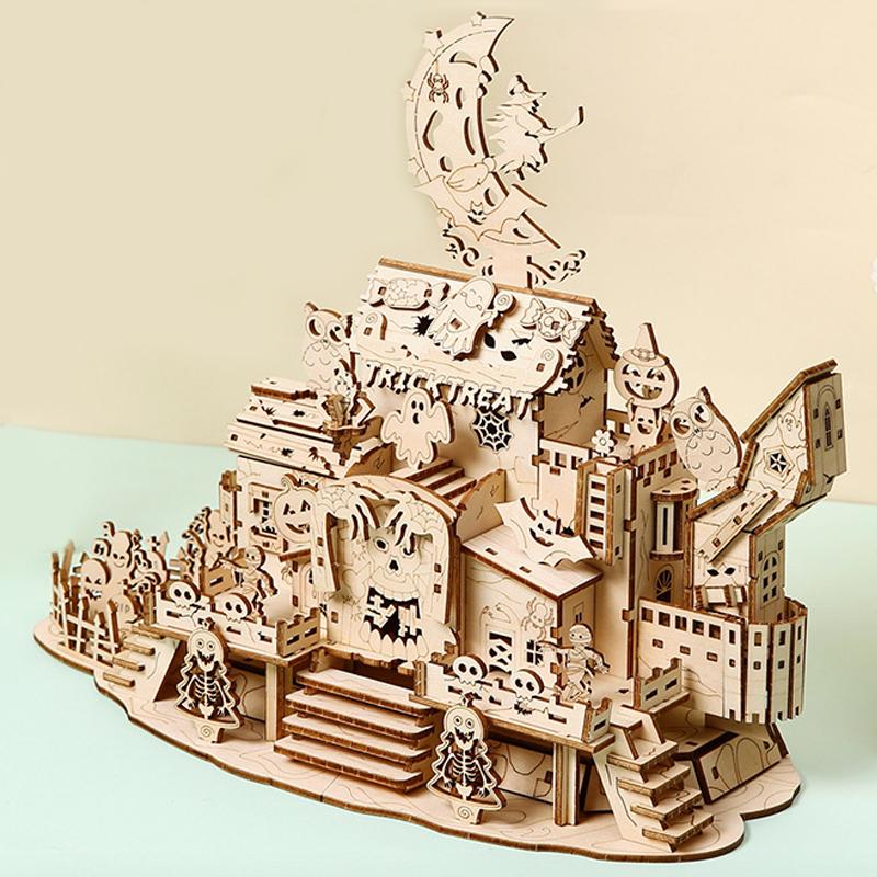 3D Halloween Haunted House Wooden Puzzle Ghost Tree with Light DIY Model Craft Kits Desk Decoration Toys Gift for Kids Adult