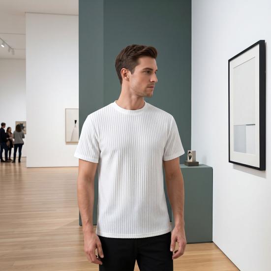 Yousheng Herren Jacquard T-Shirt Einfarbige Rundhals gestreiftes T-Shirt Lockerer Schnitt Lässig Stilvoll Sommer T-Shirt für den täglichen Gebrauch Straße Strand Urlaub