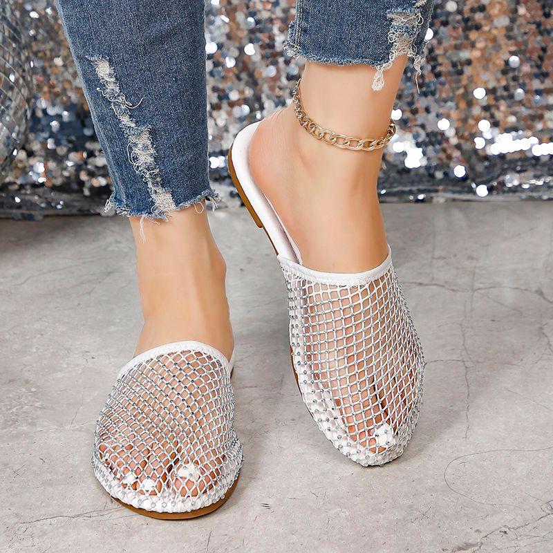Fashion 2024 Women Summer New Luxury Brand Round Head Slippers Water Diamond Large Flat Sandals Slippers
