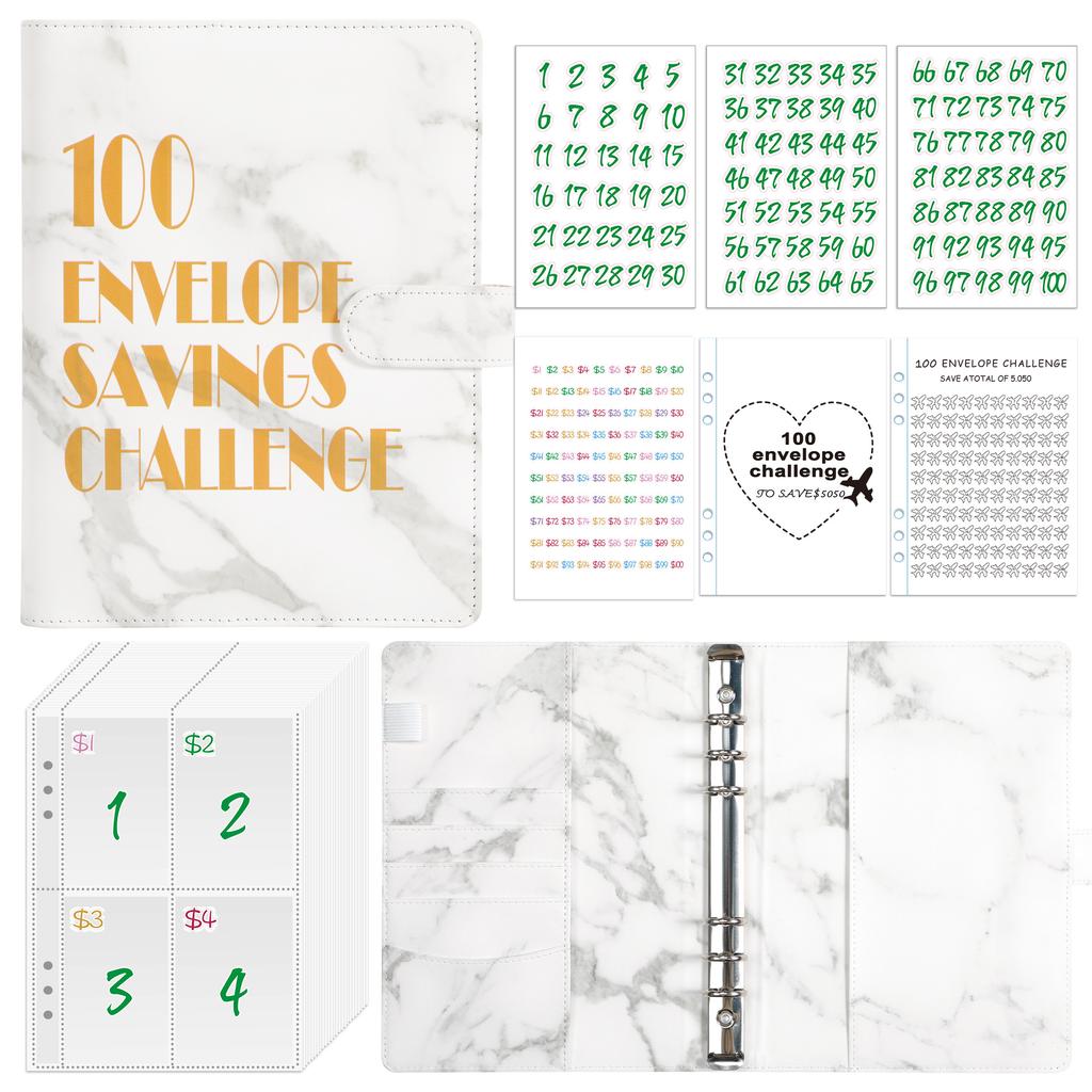 100 Envelope Money Savings Challenge Binder Set A5 PU Leather Students Notebook Marble Budget Binder with Cash Pockets