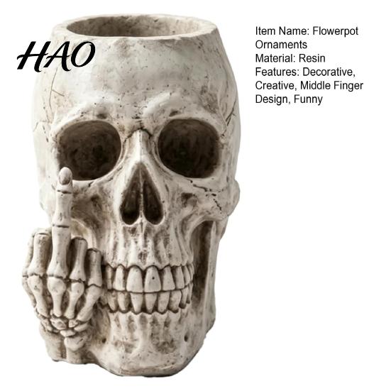 Creative Skull Art Decor Gothic Planter with Middle Finger Design, Resin Skeleton Flower Pot Dark Aesthetic Plant Container for Succulents,