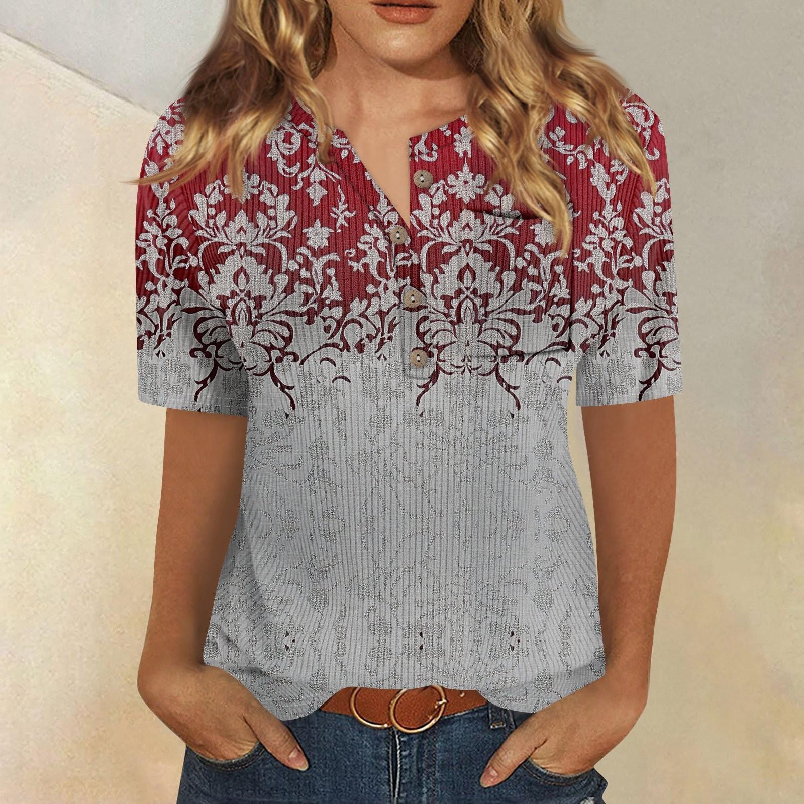 

Футболки для женщин, плиссированные, с V-образным вырезом, нарядные, повседневные блузки с принтом, короткие рукава, летние топы, свободный крой XL красный