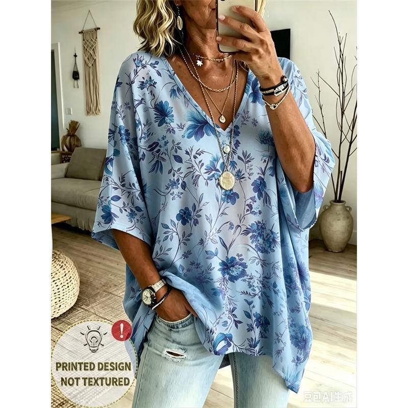 Camiseta Feminina Plus Size Gola V Manga Morcego Estampa Étnica Boêmia Top Solto Verão Confortável Respirável Uso Diário Casual Estilo Emagrecedor