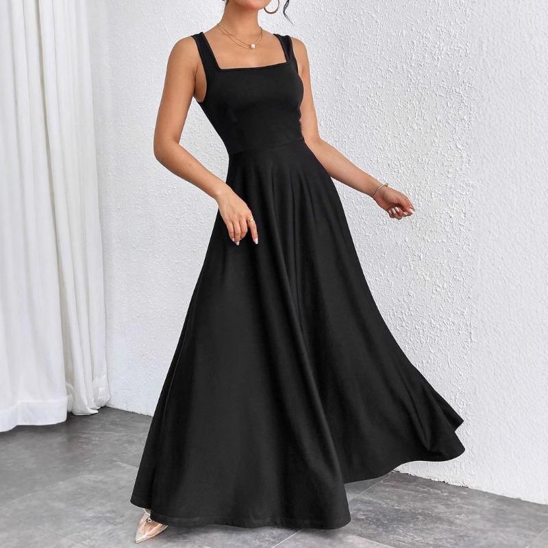 Summer Women's Dress Elegant Square Neck Long Dress Sleeveless Camisole Women's Dress Casual Solid Color Women's Long Dress