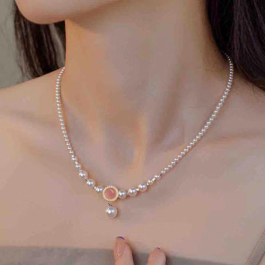 S925 Silver Pink Chalcedony and Pearl Jewelry Set: Bracelet, Necklace, Ring, Earrings - Perfect Gift for Girlfriends & Besties