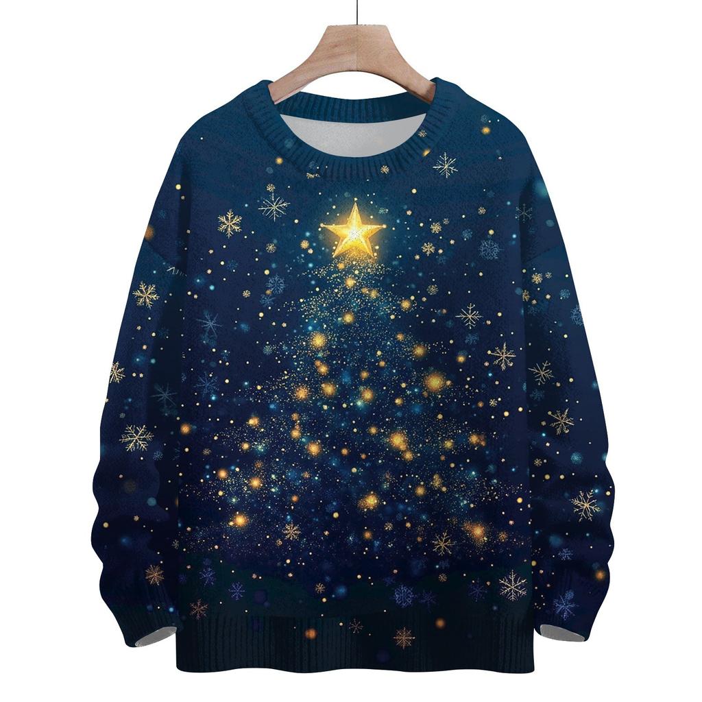 Women's Fashion Round Neck Casual Long Sleeve Christmas Cute Printed Woolen Knit Top