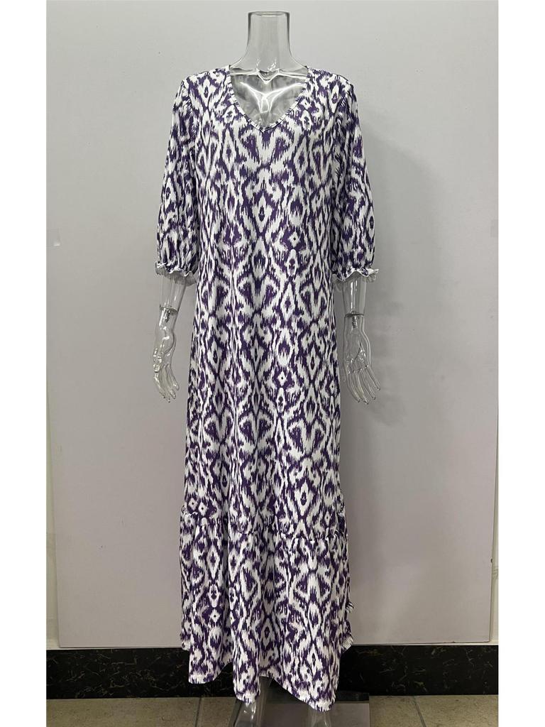 2023 Autumn/Winter European & American Casual V-Neck Printed Mid-Sleeve Dress