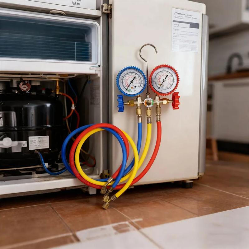 R134a Air Conditioning Pressure Gauge with Hose and Hook 3 Way AC Diagnostic Manifold Gauge Set Freon For R12 R22 R404A R134a