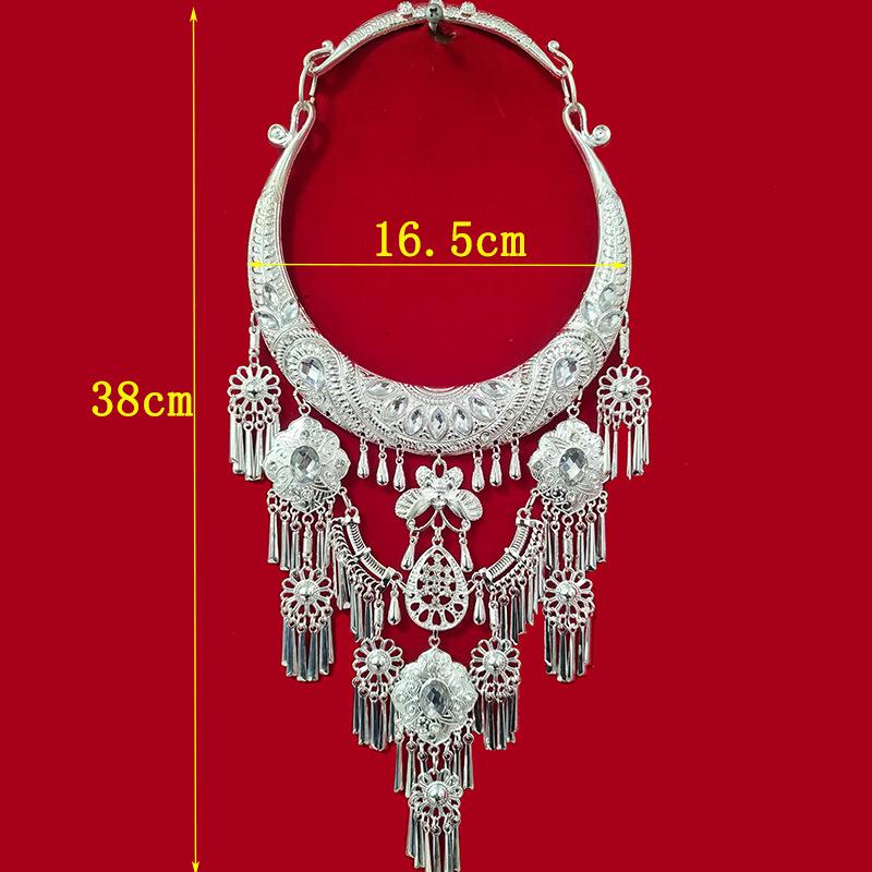 Miao Silver-Plated Gem Rhinestone Tassel Necklace for Hanfu Dance