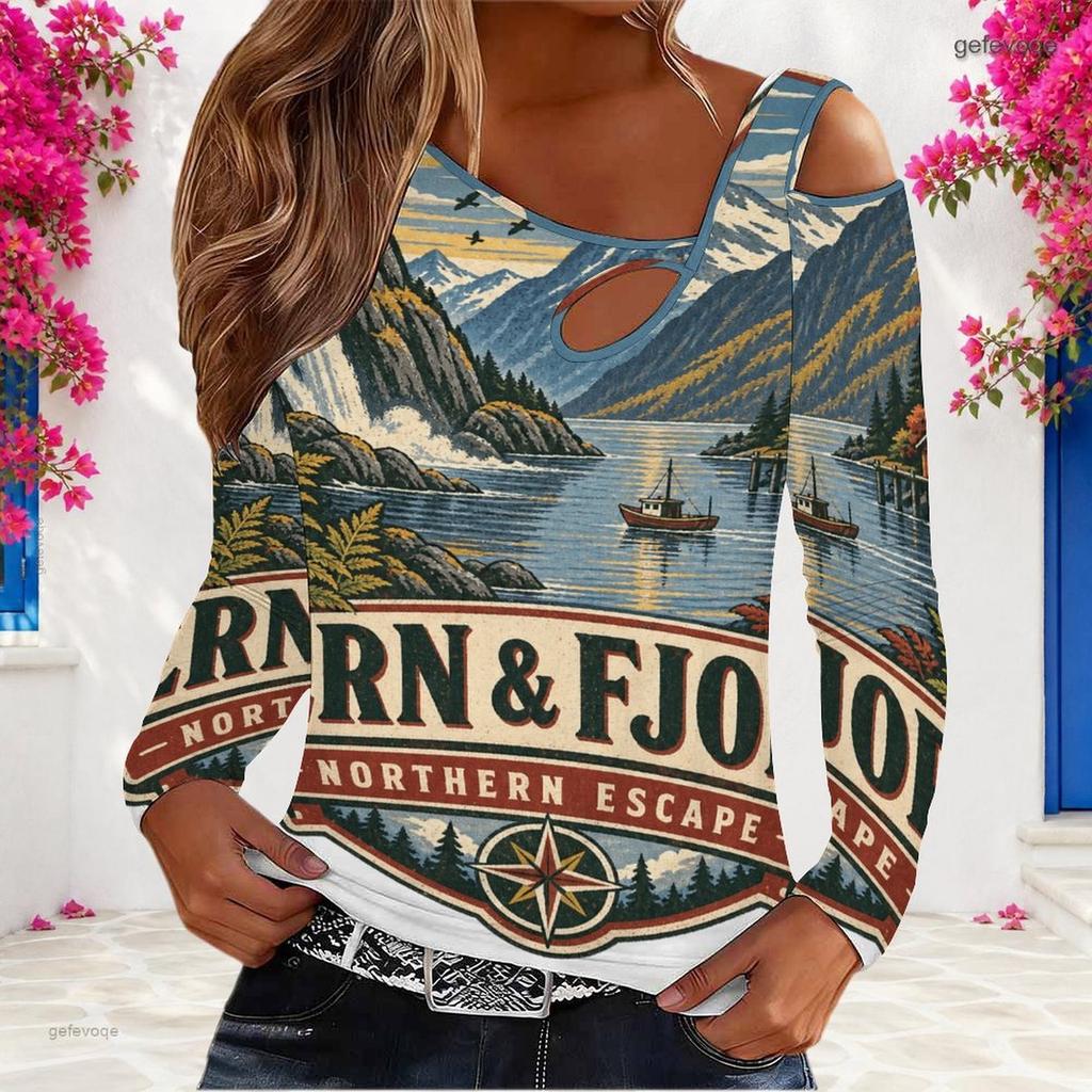 Women Plus Size Asymmetric Cutout Neck Cold Shoulder Fitted Long Sleeve Beach Printed Top