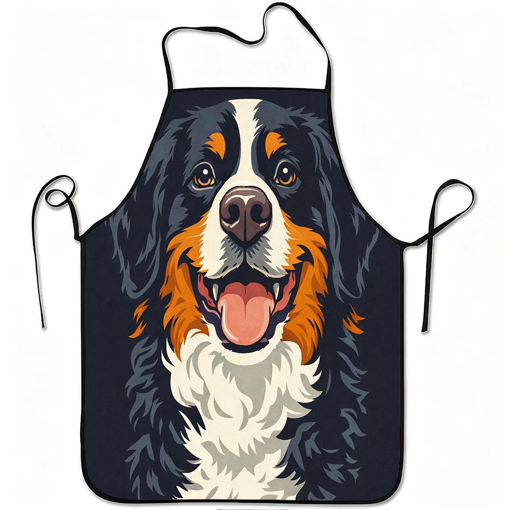 1pc Bernese Mountain Dog Apron with Smiling Berner Print - Adjustable Waistband, Durable & Easy-Clean Polyester Suitable for Cooking, Gardening, Forag
