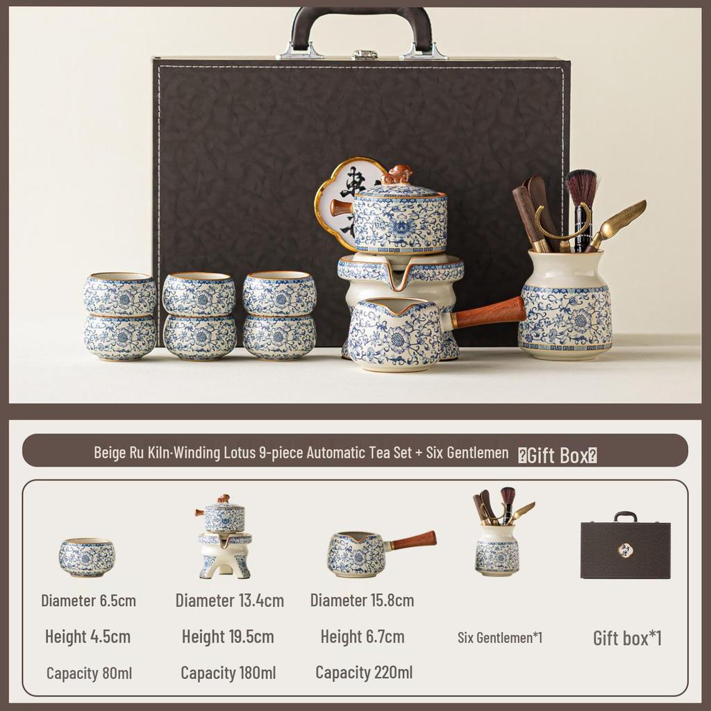 Ru Kiln Blue & White Lotus Luxury Automatic Tea Set - Business Gift for Leaders & Elders