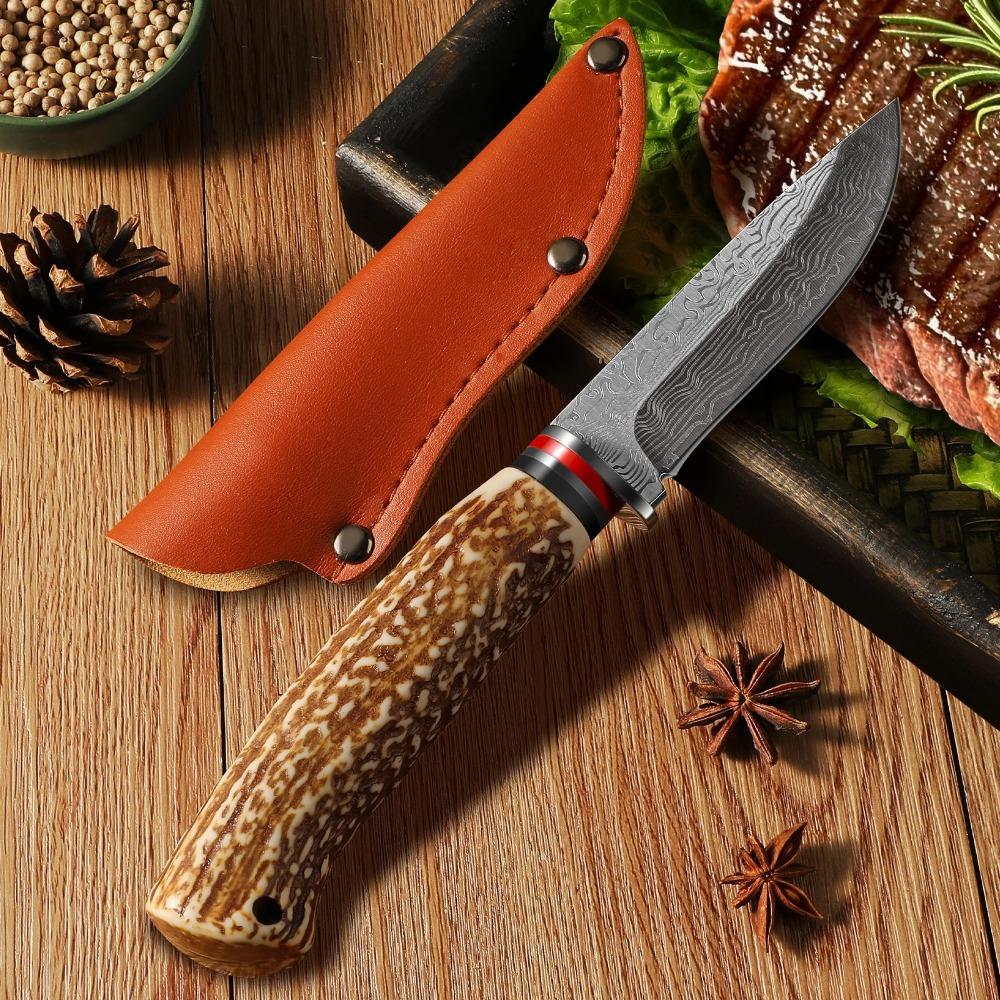 1pc Angular Handle Multi-Functional Knife-Damascus Pattern Blade Knife with Sheath Cover,Ideal for Meat Fruit Cuttin and Carving