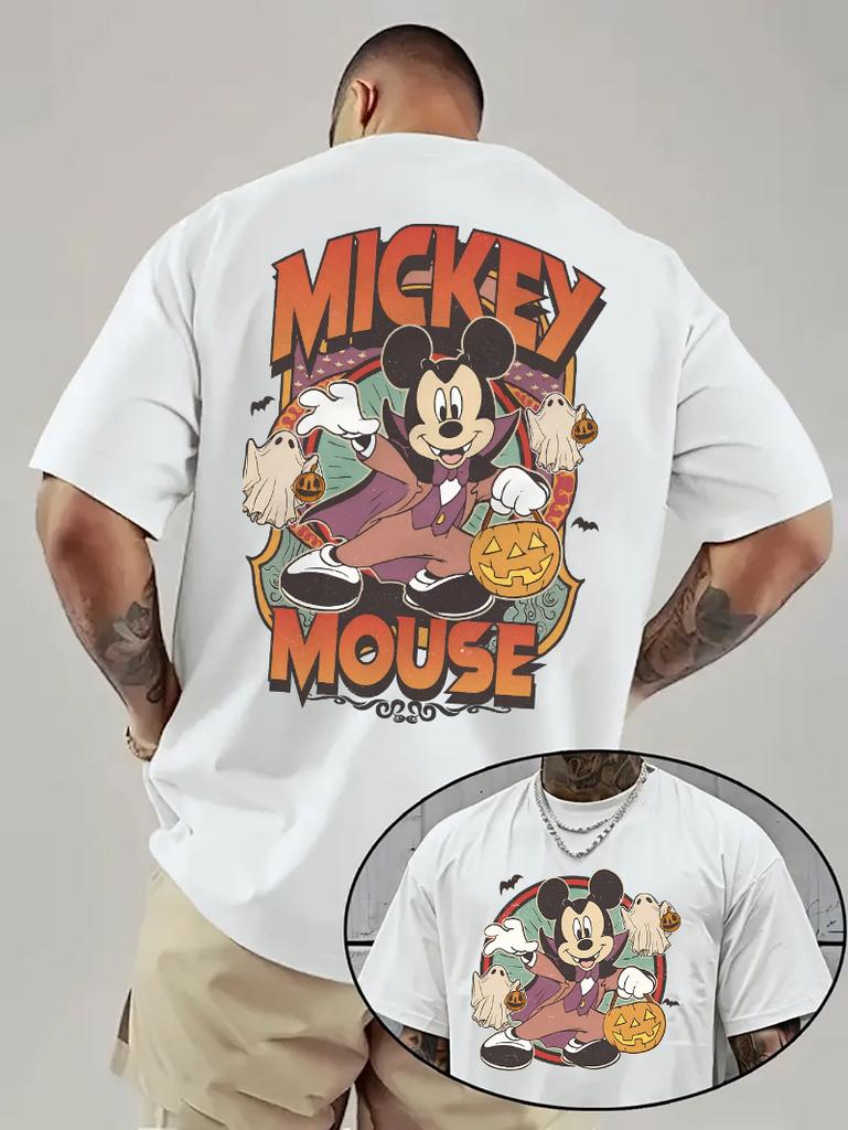2025 Disney Halloween Mickey Mouse and Ghost Pattern Men's T-Shirt Pumpkin and Bat Design Ghost 100% Pure Cotton Printed T-shirt
