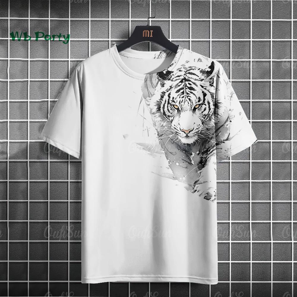 Summer Round Neck 3D Fierce Tiger Print Top Fashionable Casual Short Sleeved Men's T-shirts
