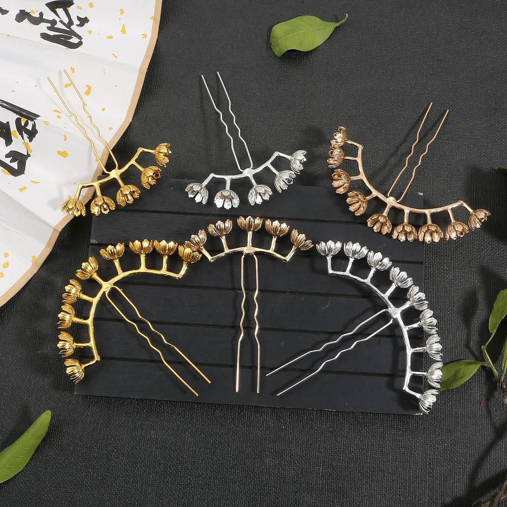 Flower Ancient Style U Shape Hairpin Alloy Hole Lotus Holder Accessories