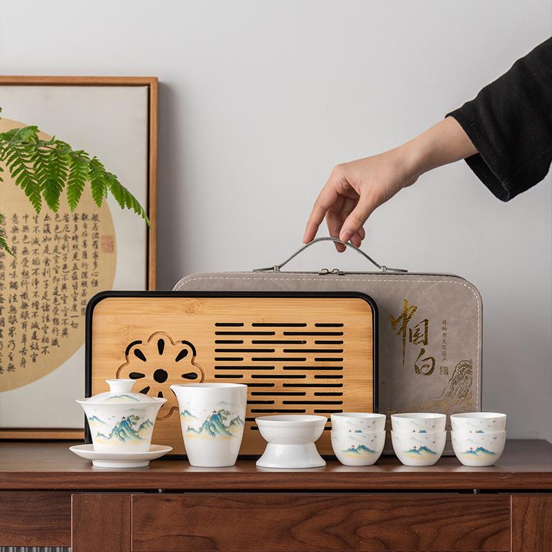 High-end travel tea set gift box, thousands of miles of Jiangshan Kung Fu home business light luxury companion gift box cover bowl