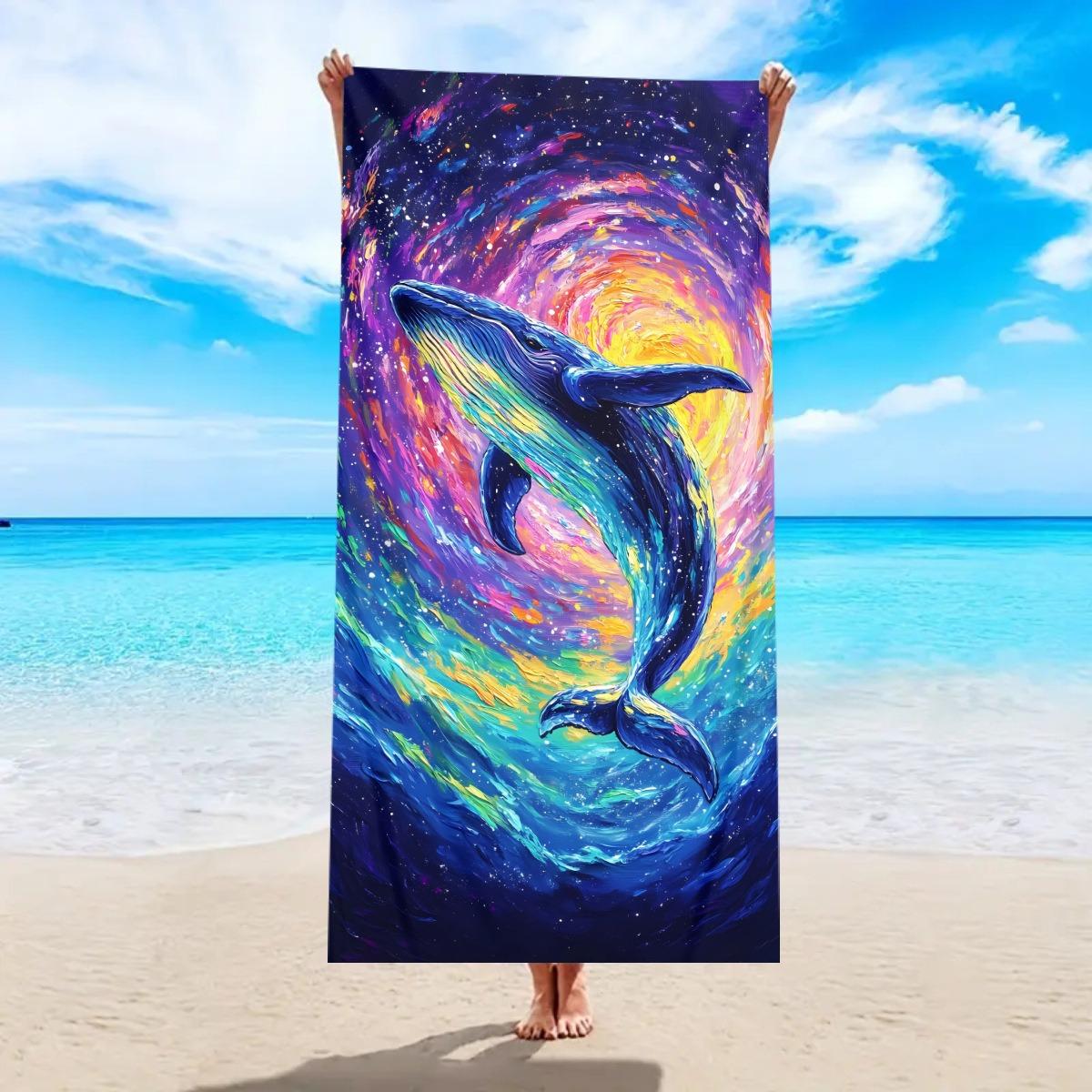 Watercolor Blue Whale Ocean Print Beach Towel Marine Wildlife Coastal Beach Blanket Soft Quick Dry Sand Free Swim Towel W30*H60(CM)