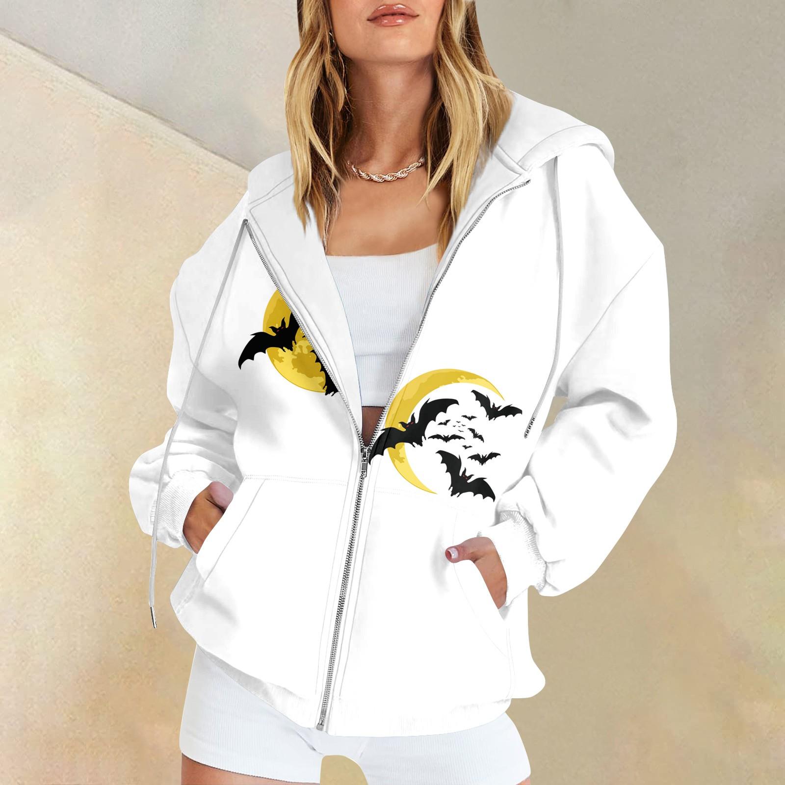 

Женская мода повседневная толстовка с принтом на Хэллоуин осень-зима с длинным рукавом кардиган с карманами на молнии куртка с капюшоном XL белый