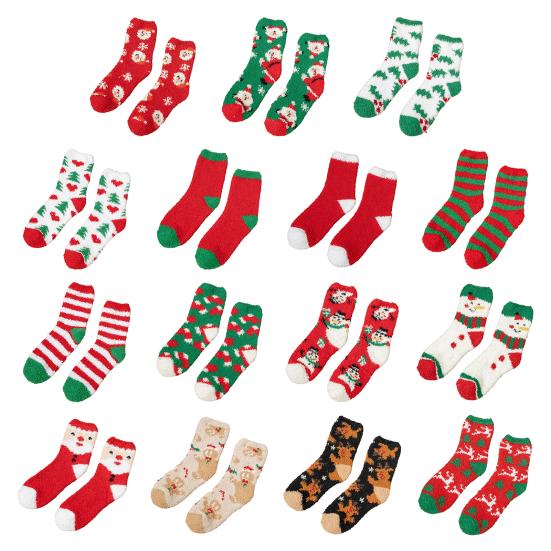 Yousheng 1 Pair Christmas Socks Snowmen Reindeer Santa Claus Bell Pattern Mid-tube Socks Coral Fleece Warm Thermal Socks