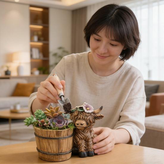 Highland Cow Planter Cute Resin Cow Flower Pot Small Decorative Plant Pot Succulents Planter for Indoor Outdoor Decor