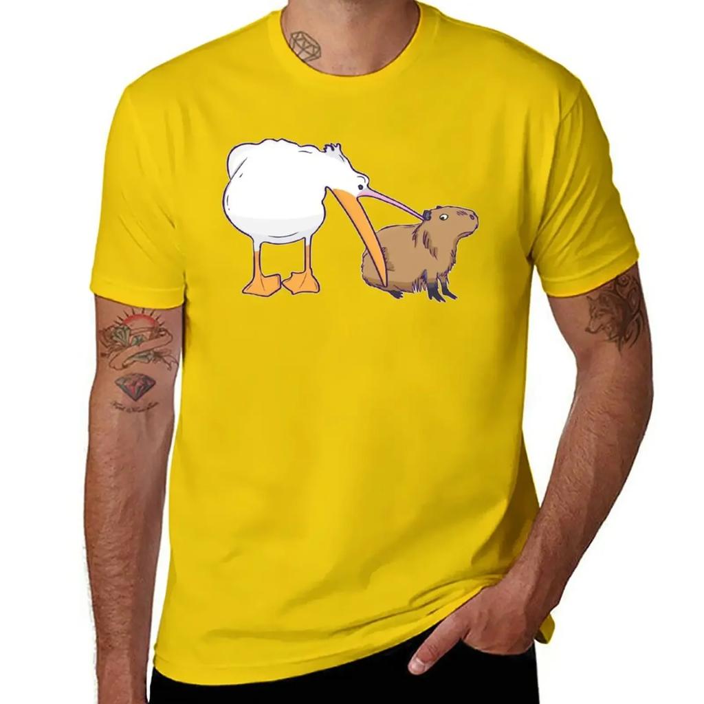Pelican Tries to Eat Capybara Funny Cute Meme T-Shirt korean fashion blacks for a boy Men's t-shirt
