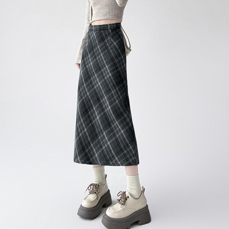 

GMXIA Tweed Plaid Retro Half-body Skirt Female Spring and Autumn High Waist Thin Open Fork Package Hip Plaid Medium-length A-line Skirt XL серый
