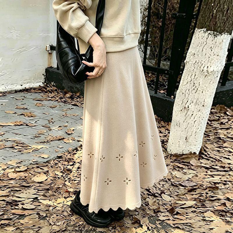 Maternity Knit Skirt Vintage Floral Hollow High Waist A-line Slim Fit Women