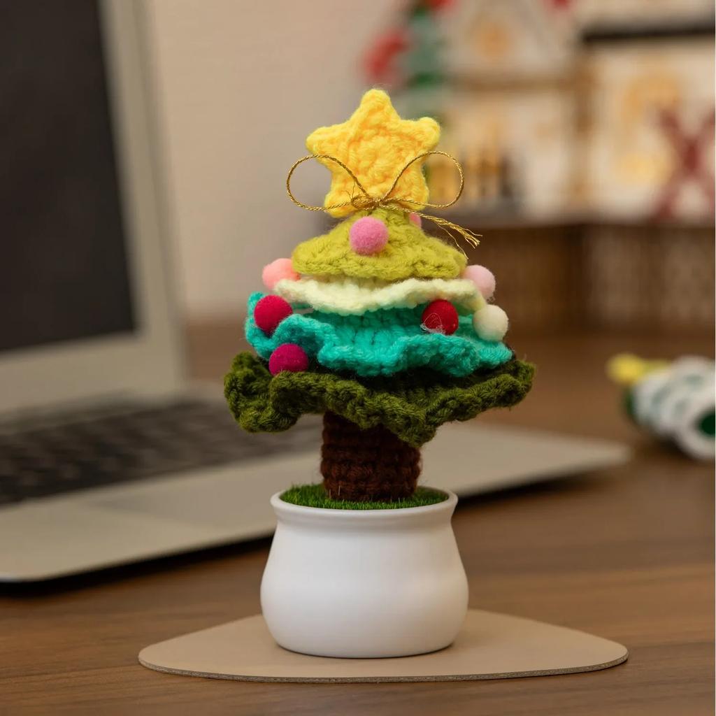 Mini Crochet Christmas Tree Potted Christmas Accessories Creative Handmade Plant Car Table Decor