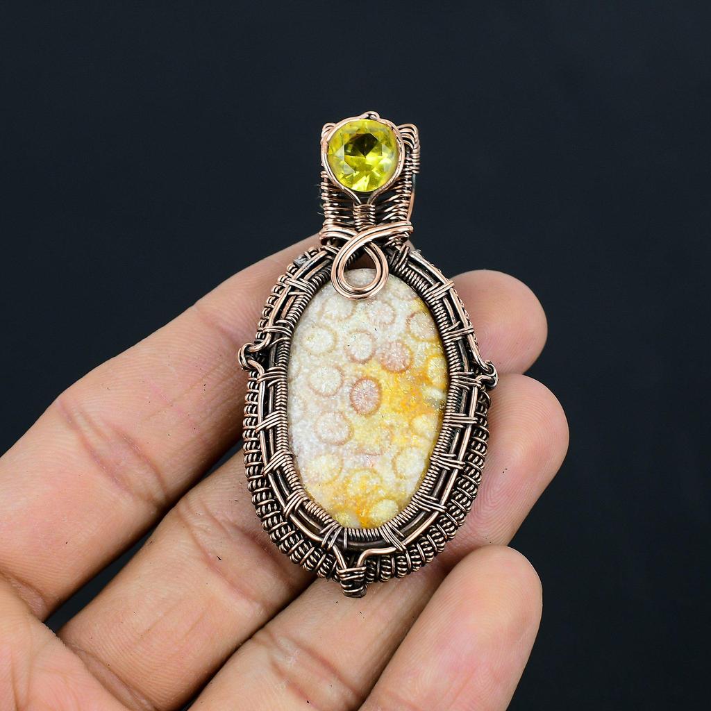 Amazing Fossil Coral & Citrine Gemstone Handmade Pure Copper Wire Wrap Jewelry Pendant