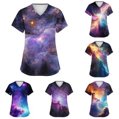 Women's Fashion V-neck Short Sleeve Workwear With Pockets Printed Tops