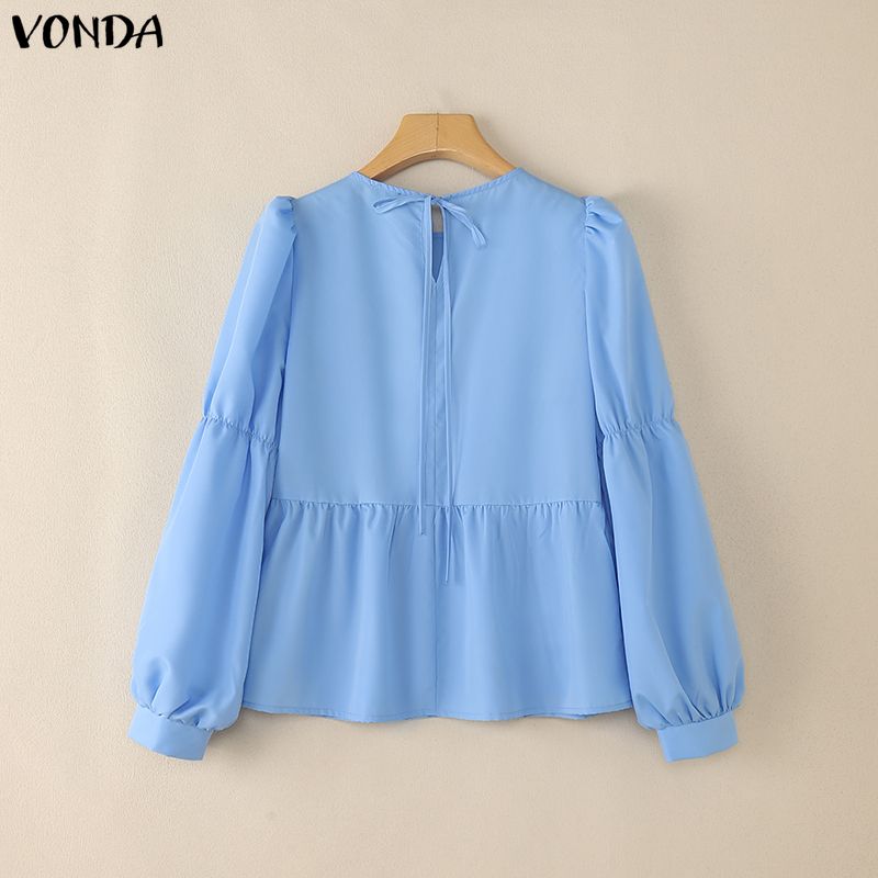 VONDA Damen Lässig Rundhals Puff Langarm Einfarbig Locker Bluse