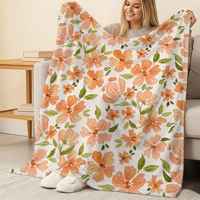 Floral Design Fleece Blanket Soft Skin-friendly Binding Edge Couch Throw, Cozy for Bedroom Living Room, Christmas Halloween Home Decor