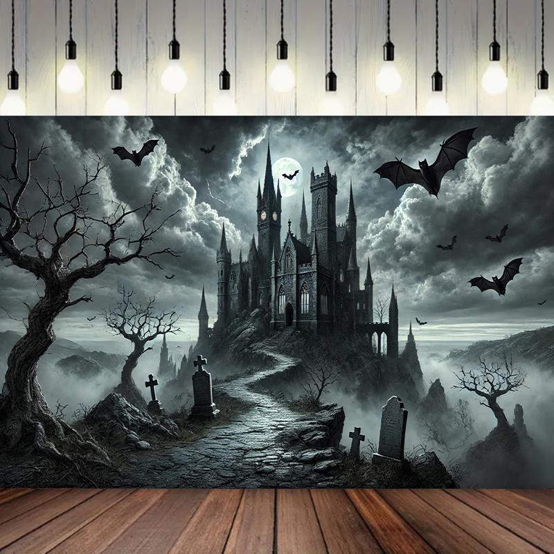 1 Pc 2D Flat Halloween Theme Background Cloth Banner, Gothic Castle Night Scene, Halloween Decoration, No Power Required——sjs