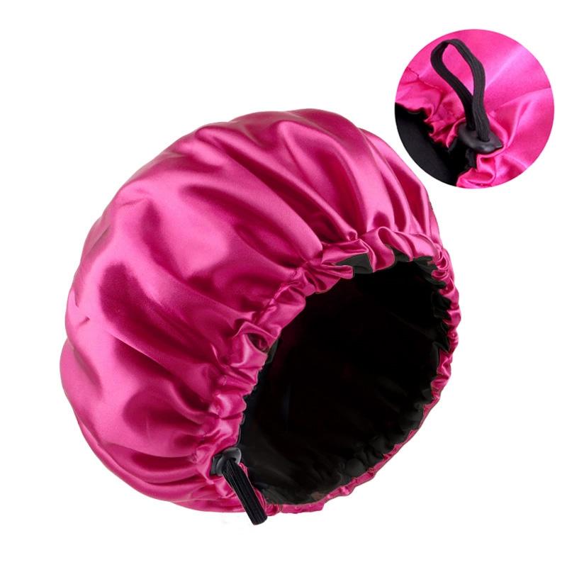 1pc Double Layer Adjustable Satin Bonnet Solid Color Elastic Button for Women Hair Hat Nightcap Silky Satin Fabric