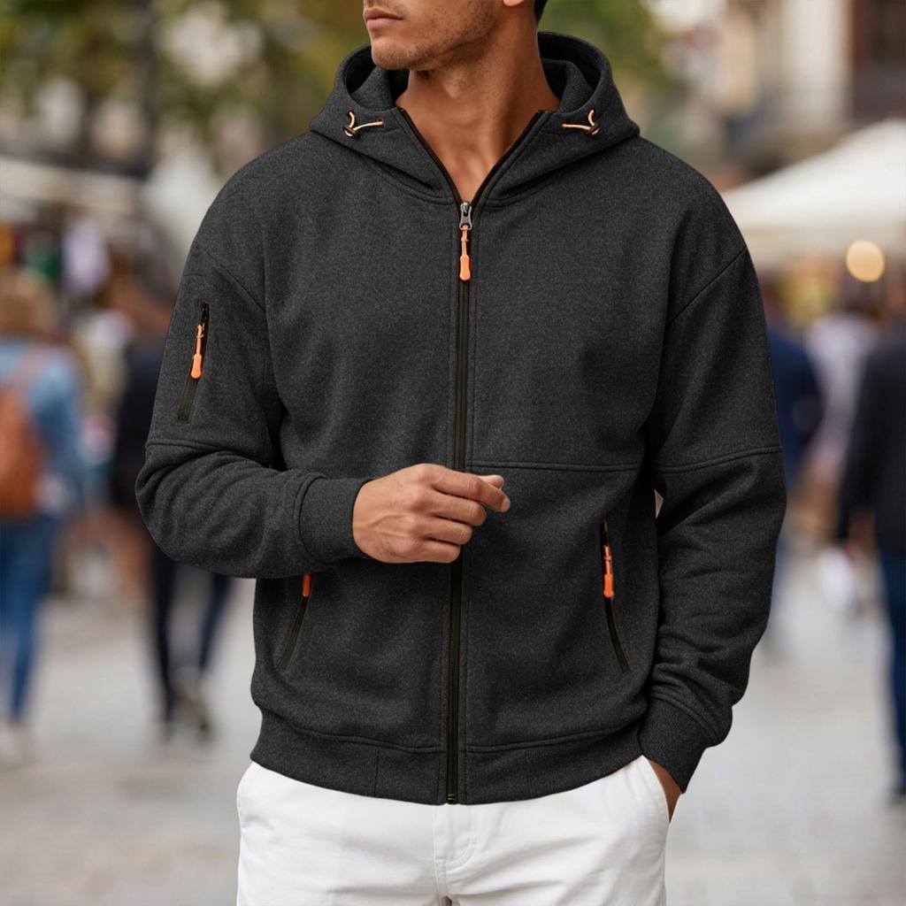 Men's Casual Long Sleeve Hooded Zip-Up Sweatshirt with Multiple Pockets and