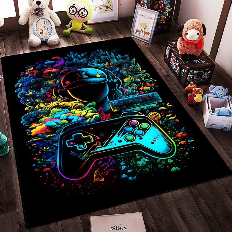 Colorful Gaming Controller Art Carpet with Neon Helmet Design, 3D Style. Suitable for use as an anti-slip for living room bedroom sofas