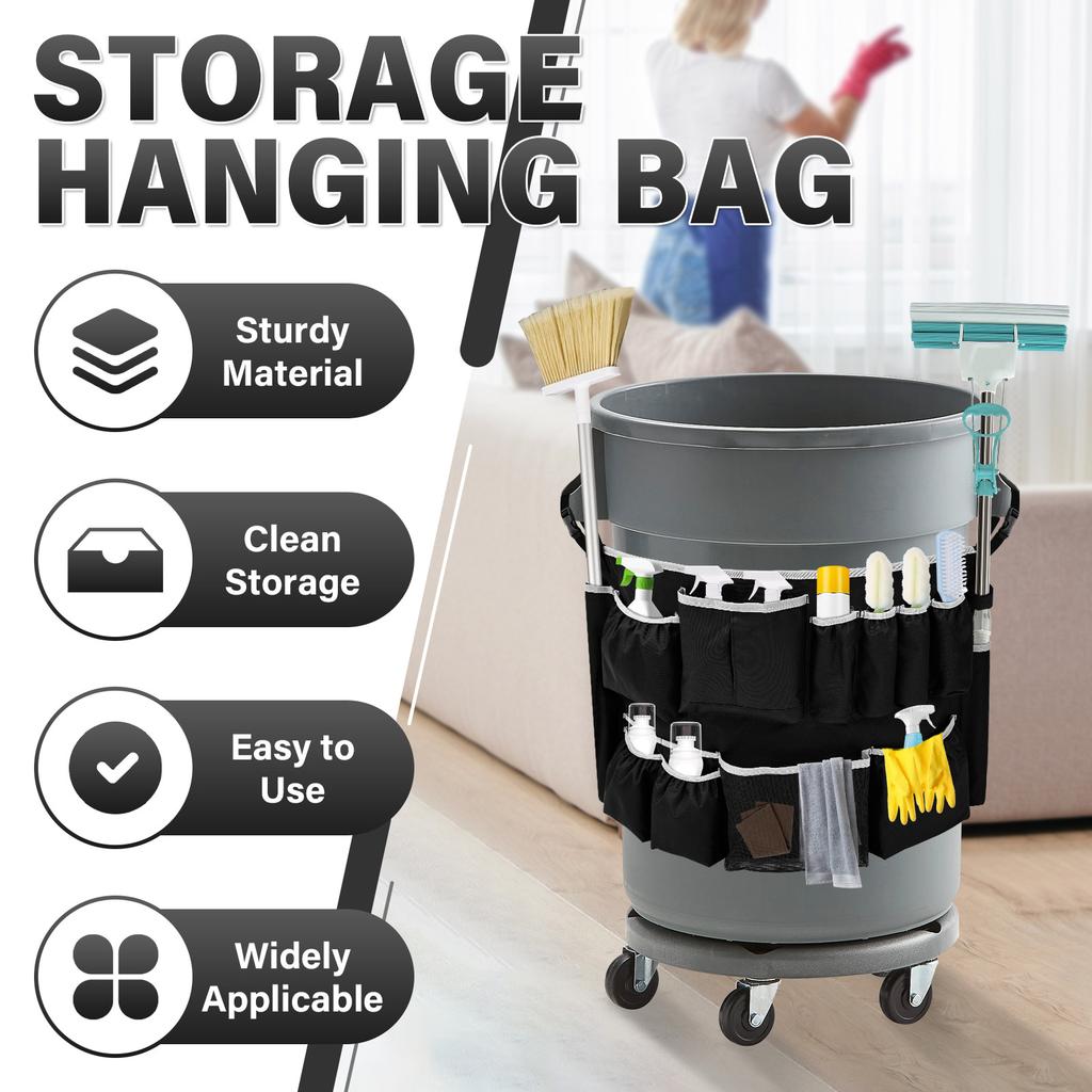 Trash Can Caddy Bag Professional Cleaning Tool Storage Bag with 13 Pockets Janitor Garbage Can Organizer for 32 to 55 Gallon Bin