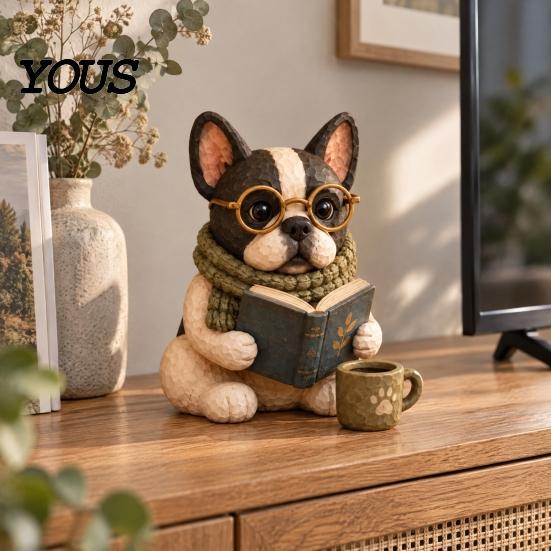 Resin Puppy Figurine Reading Dog Figurine, Cute Book Loving Sculpture for Bookshelf Nook Desk, Gift and Lovers