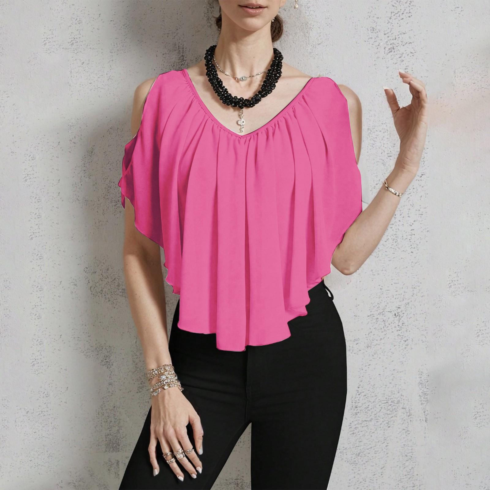 Women s Casual V-neck Off-shoulder Color T-shirt M розовый