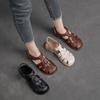 Johnature Genuine Leather Low Heel Breathable Sandals Retro Versatile Solid Color Women's Shoes