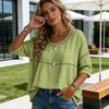 Women Tops Round Neck Half Sleeve Loose Fit Tee Shirt Pure Color Hollow Design Soft Stretchy Blouse Daily Wear