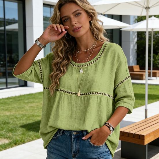 Women Tops Round Neck Half Sleeve Loose Fit Tee Shirt Pure Color Hollow Design Soft Stretchy Blouse Daily Wear