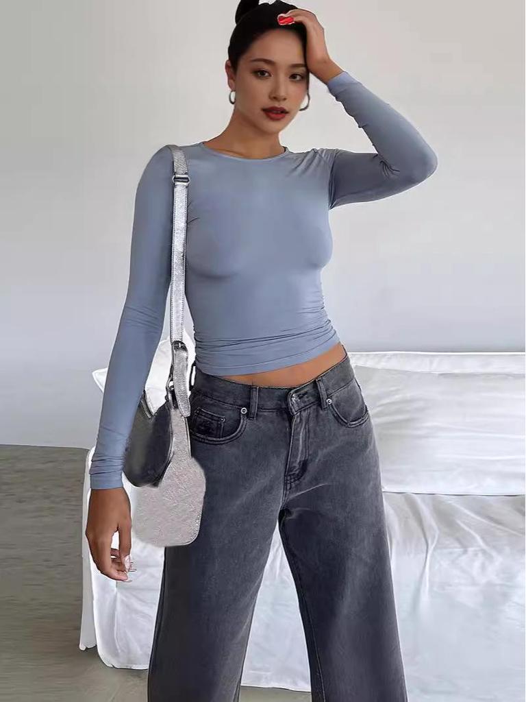 European & American Women's Solid Color Slimming Long Sleeve Round Neck T-Shirt for Spring & Autumn