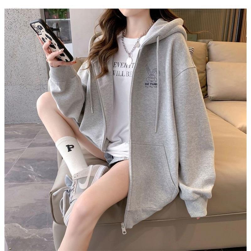 Women's Fleece Lined Zip Up Hoodie Cartoon Embroidery Casual Oversized Jacket