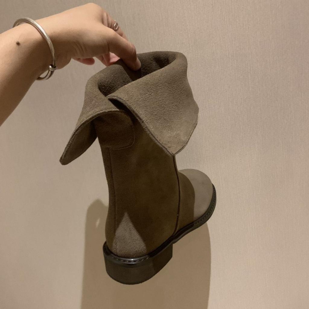 Cowhide version~ genuine leather Korean version niche design sense flat bottom versatile comfortable medium tube boots stacking boots western