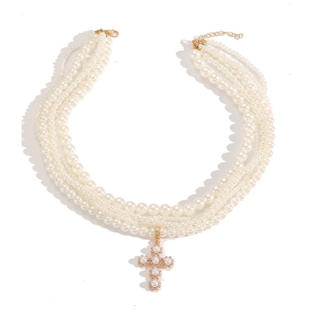 

Pearl Multilayer Necklace With Cross Pendant For Women Summer Fashion Accessory