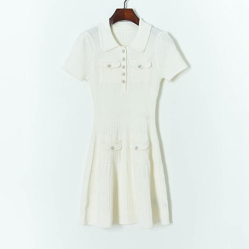 

Женское трикотажное синее мини-платье с ромбовидной пряжкой, новое женское плиссированное платье трапециевидной формы с отложным воротником и короткими рукавами C-013 S белый
