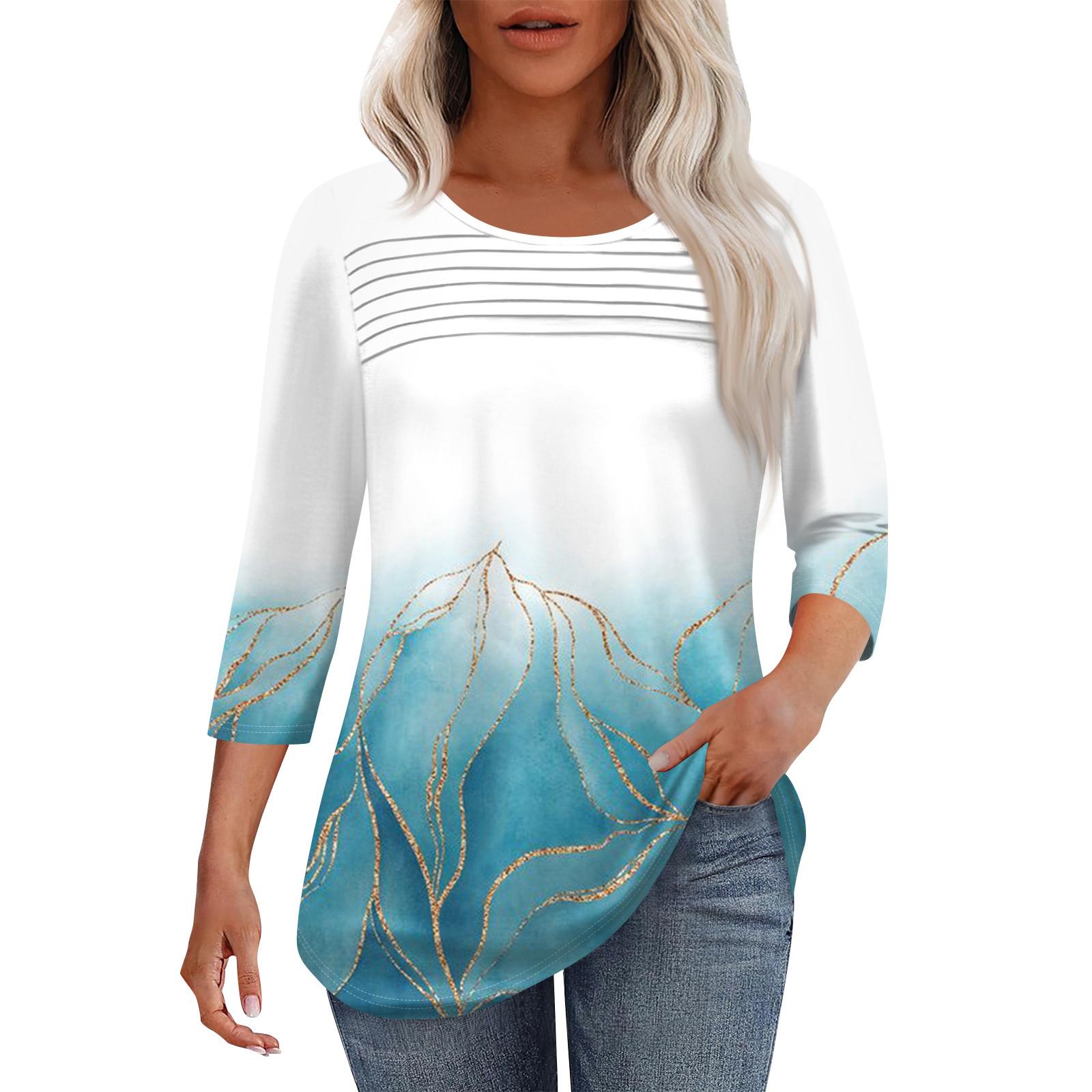 

Женская мода круглый вырез шея плиссированная передняя планка однотонный топ рукав 3/4 M