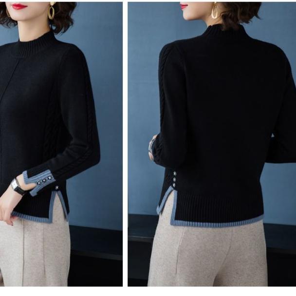 Fall/Winter Women's Semi-Turtleneck Sweater Thickened Loose Pullover Knitwear Split Stretch Knit Jumper
